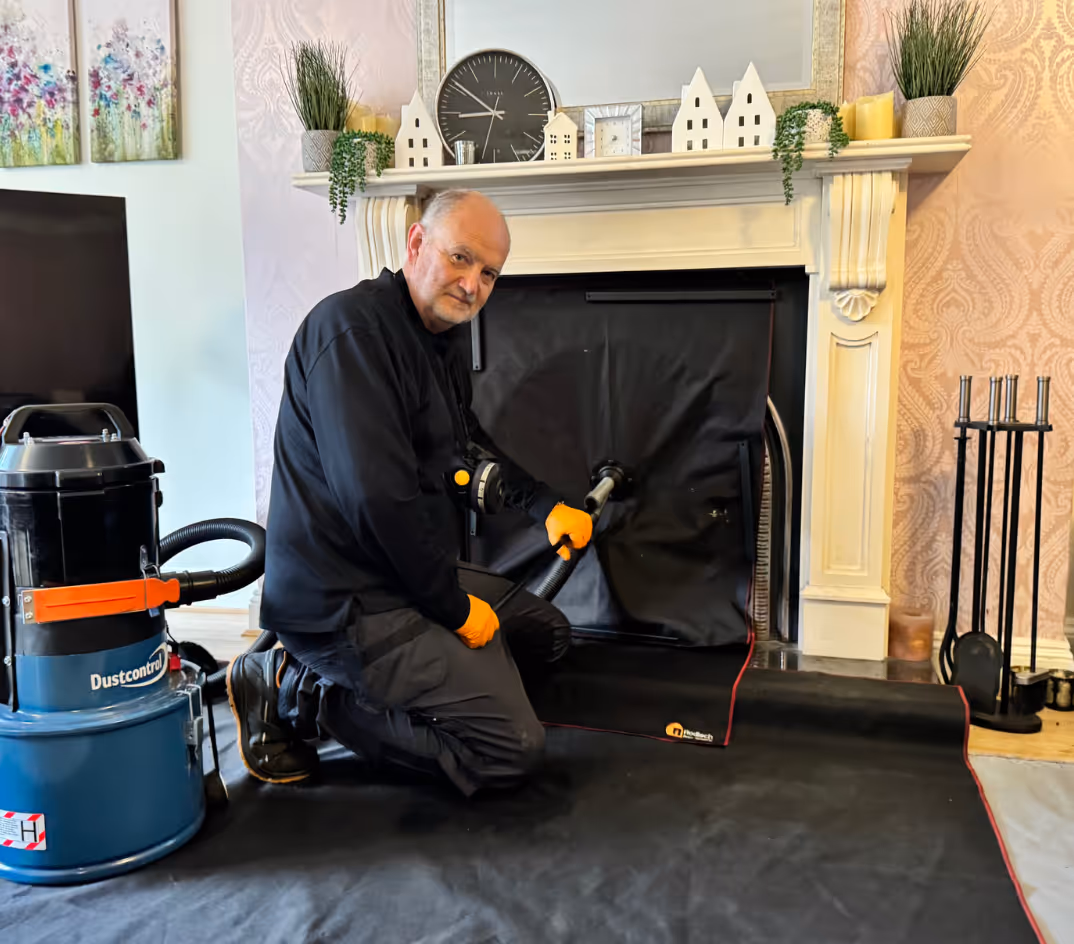 Man wearing orange gloves using a Dustcontrol vacuum system to clean a fireplace inside a living room.