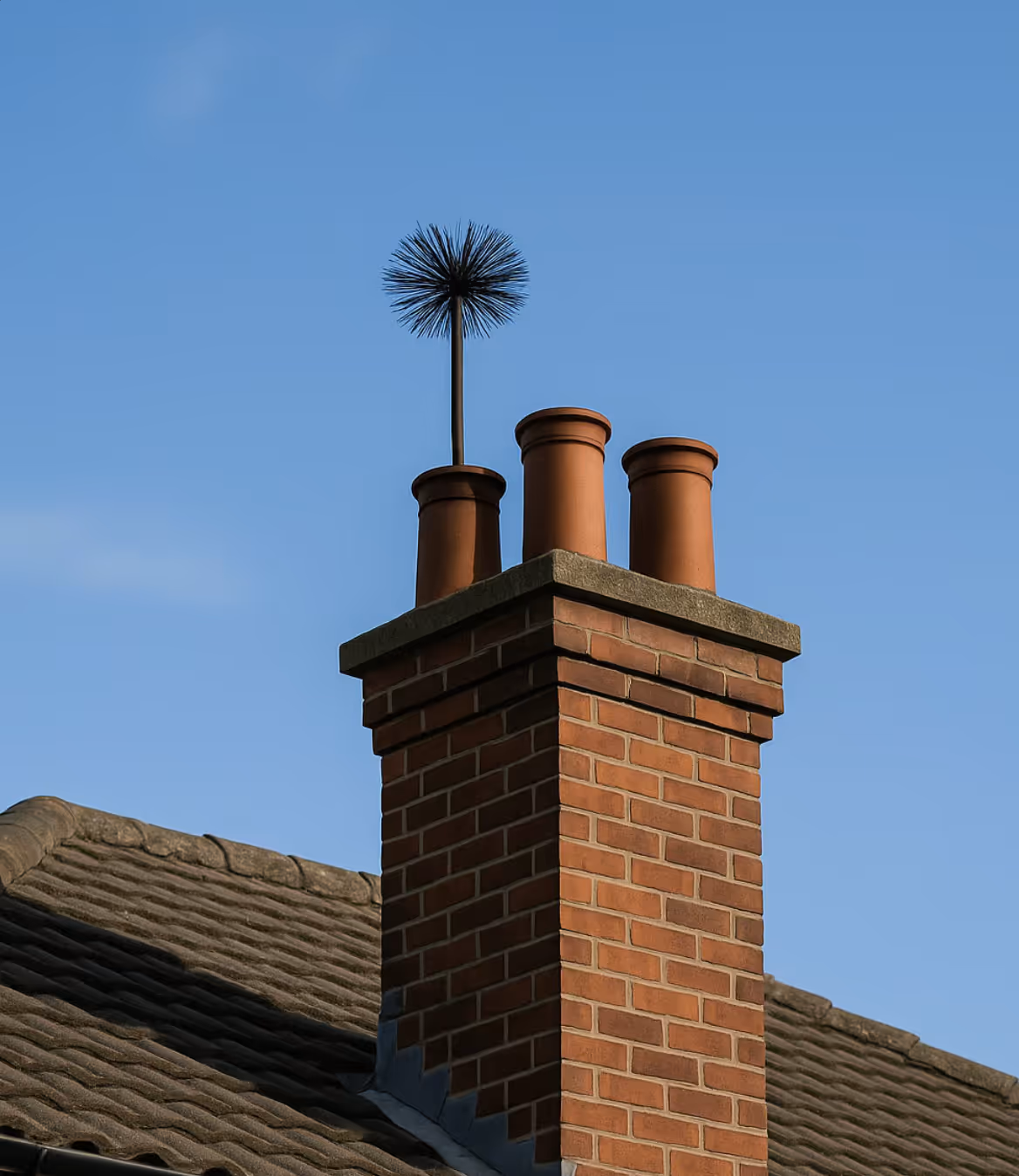 Brick chimney with three terracotta pots and a chimney brush against a clear blue sky.