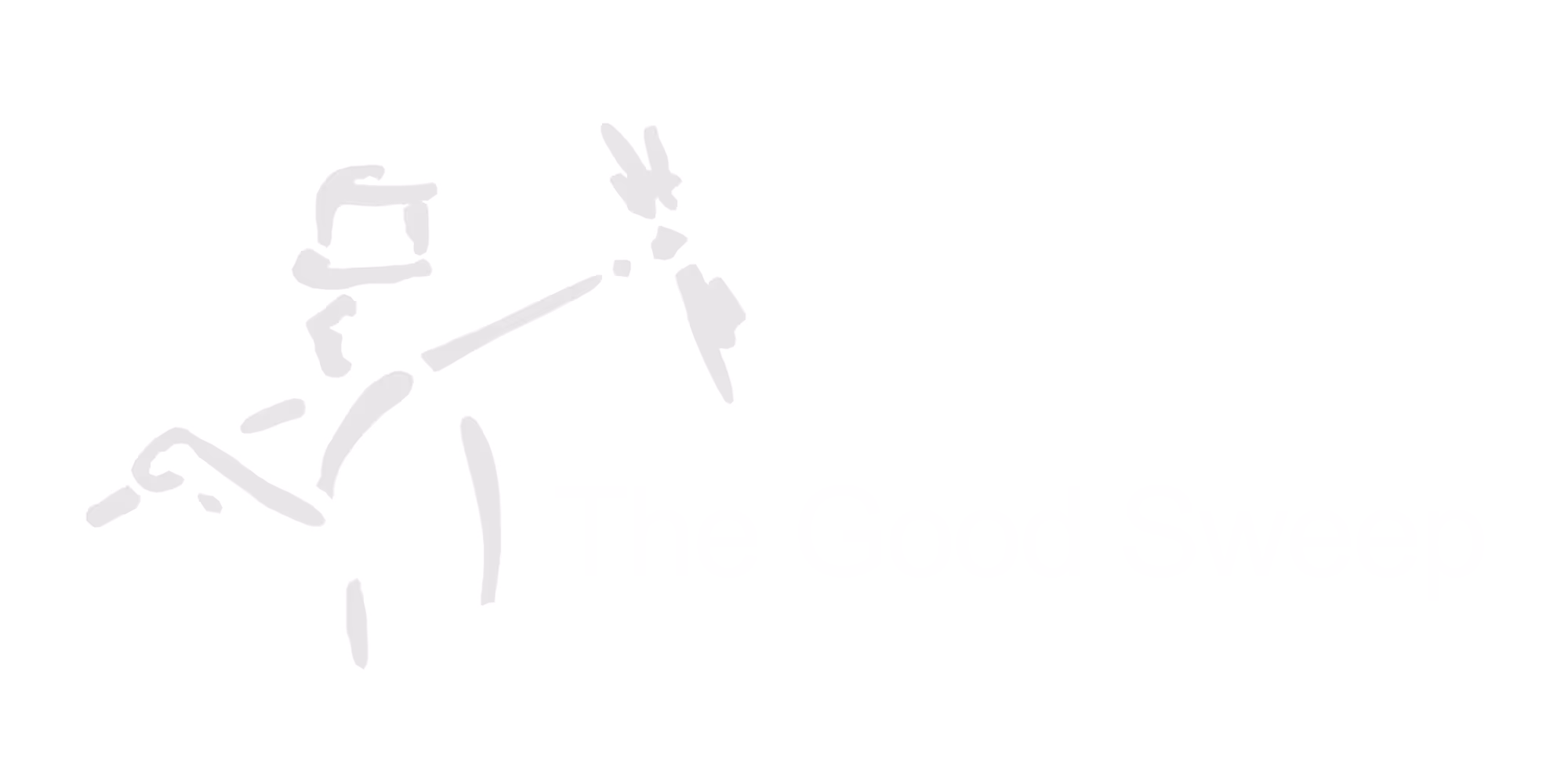 Minimalist line drawing of a person wearing a hat, holding a broom and sweeping.