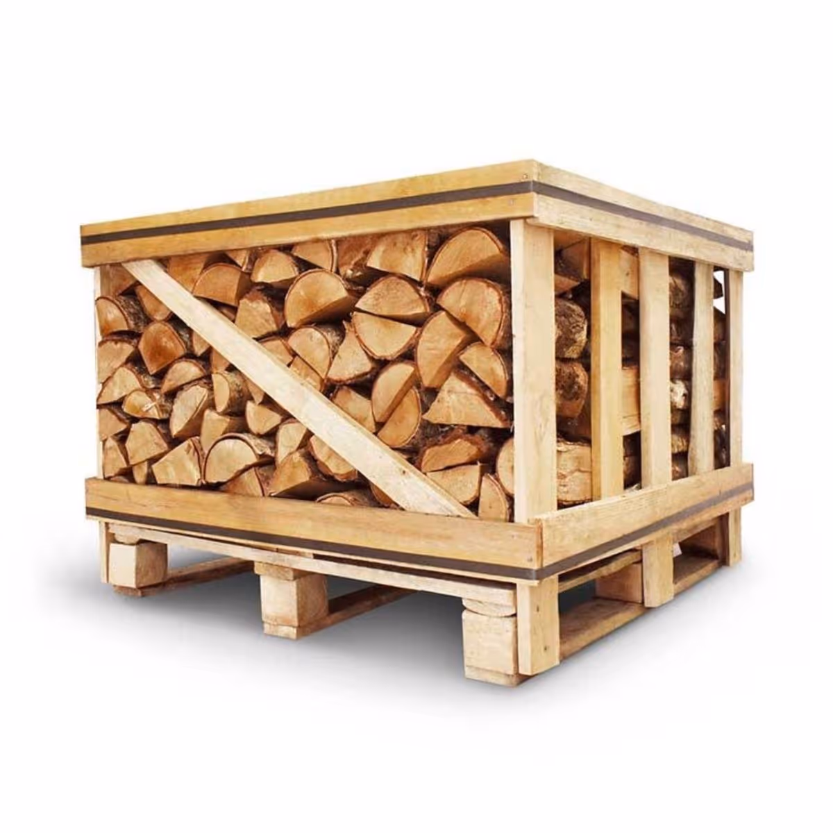 Stack of cut firewood neatly arranged inside a wooden crate on a pallet.