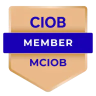 Badge with the text 'CIOB MEMBER MCIOB' featuring a blue horizontal banner on a tan shield background.