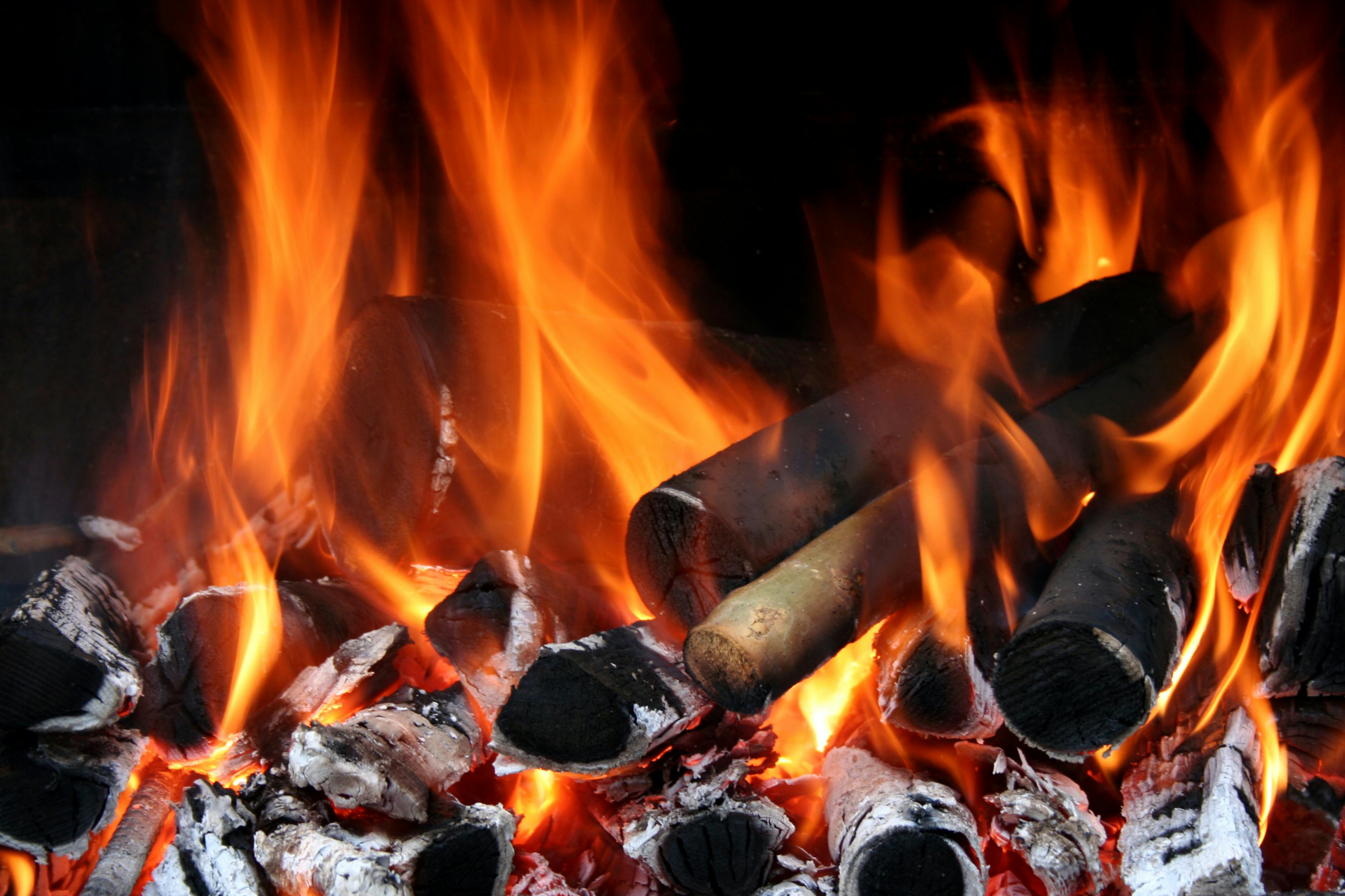 Logs and glowing embers burning in a fire grate