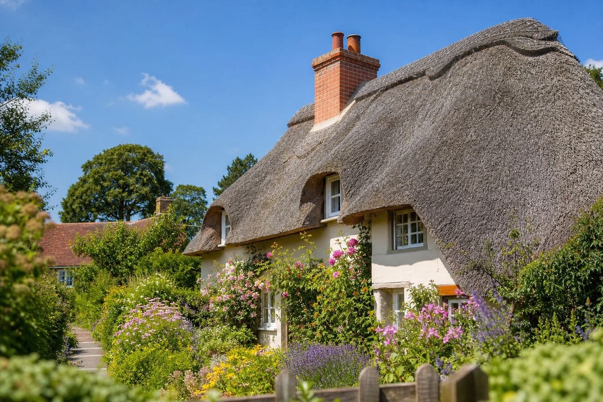 Thatched cottage with a red brick chimney stack, behind a summer cottage garden