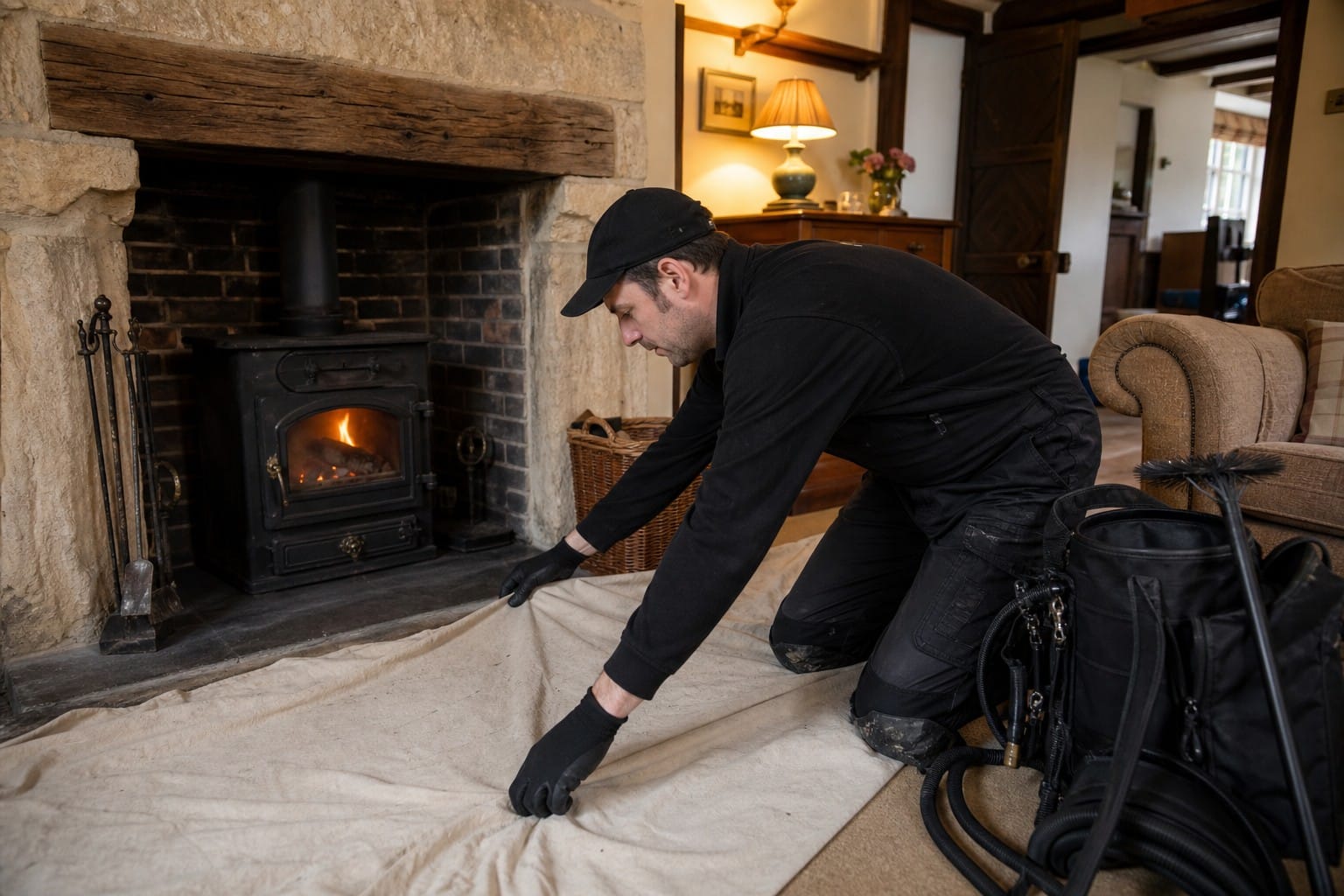 Chimney sweep laying a dust sheet across the floor in front of a lit wood burner before starting work